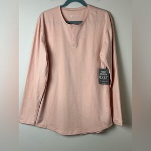 New‎ BYLT Drop Cut Lux Long Sleeve Henley Shirt Mens Size L Pink Curved Hem